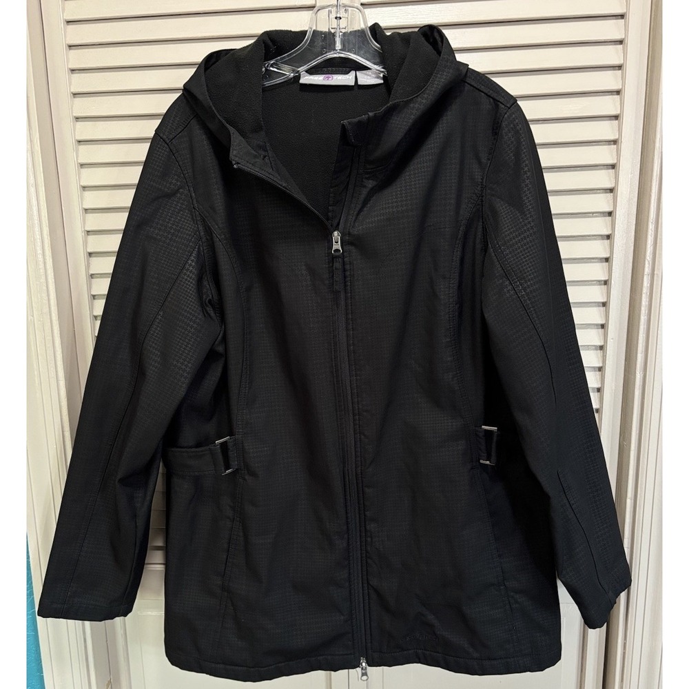 Free Tech‎ Zip Up Jacket Size 1X (16W) Pockets Hood Black Fleece Lined Adj Waist